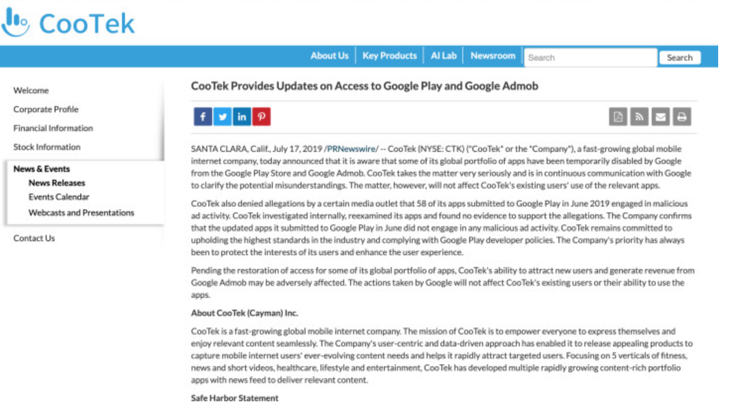 Google、中国のアプリ開発企業“CooTek”製品削除　迷惑広告で